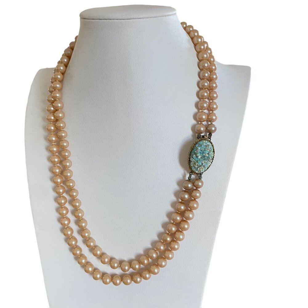 Vintage 50's Multistrand Pearl Necklace Ornate Floral Celluloid clasp Knoted
